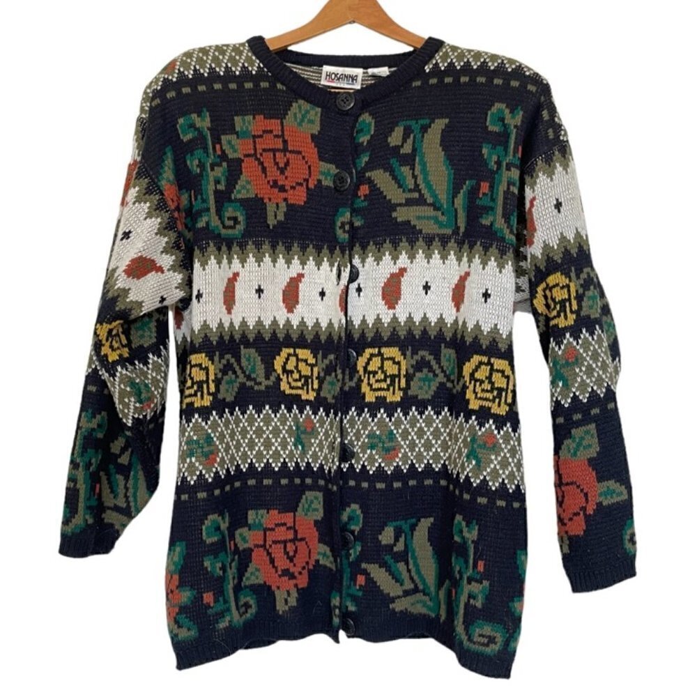 vintage Hosanna Floral Knit Grandma Sweater Cardigan Medium